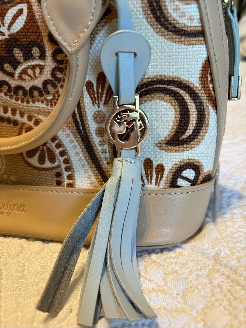 Spartina 449 Beige Paisley Satchel Crossbody Bag Boho Coastal Tassel Purse - Picture 4 of 7